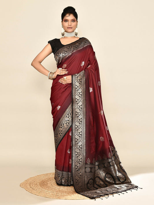 Joban Fashion Maroon & Black Plain With Weaving Border Banarasi Silk Sarees | Swadesiicart