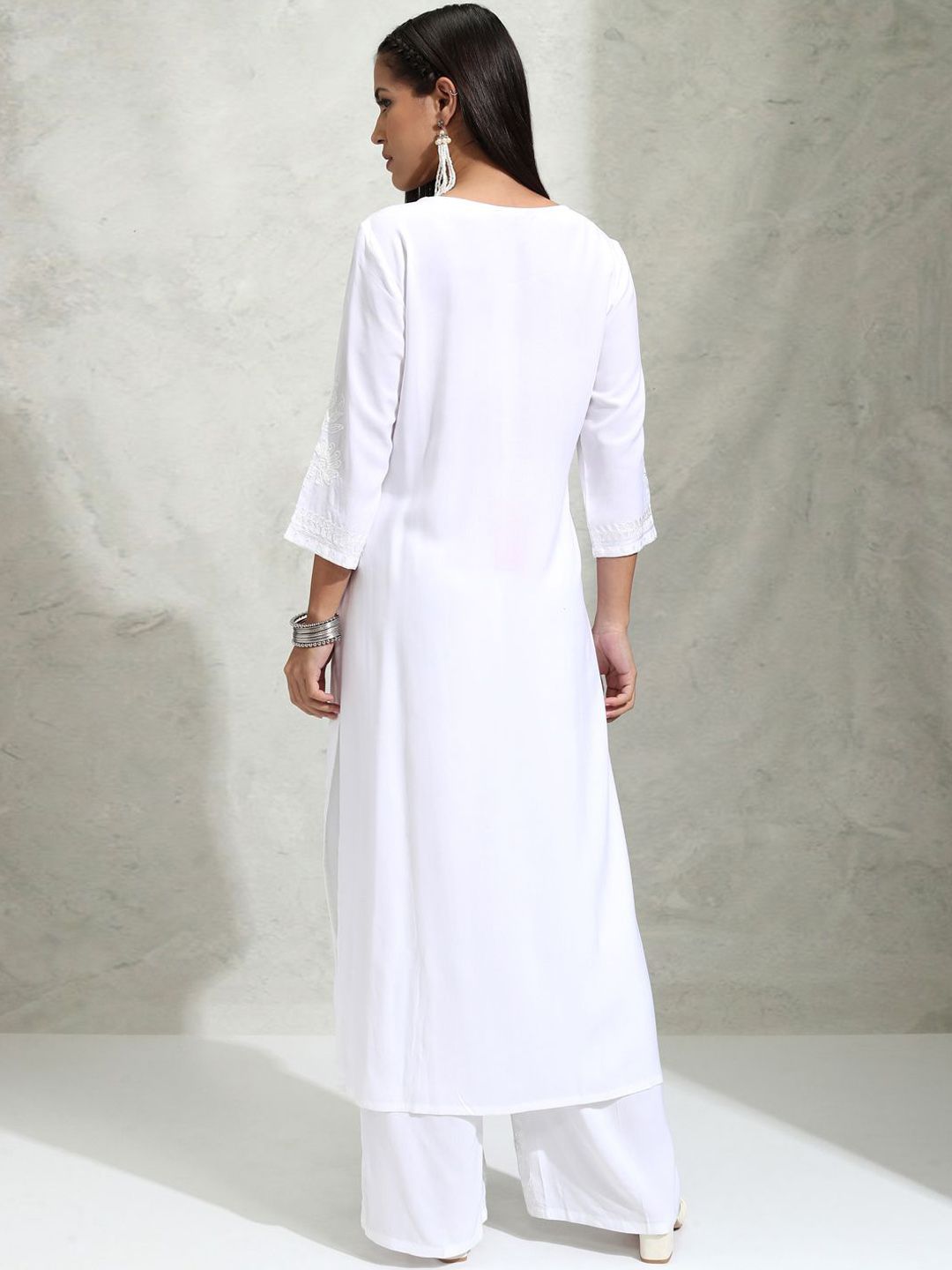 Vishudh White Floral Embroidered Thread Work Straight Kurta With Palazzos - Swadesiicart