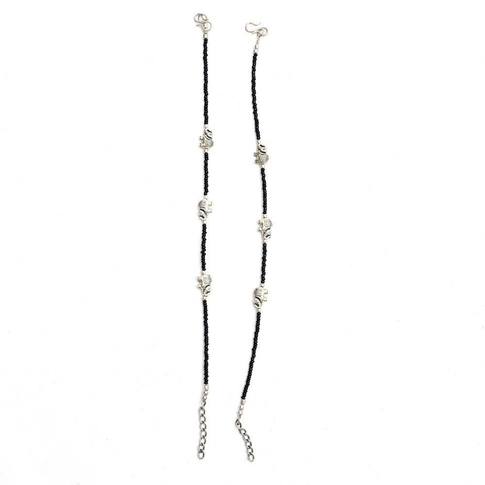 Mominos Fashion Kamal Johar Oxidised Elephant Design Silver/Black Anklets | Swadesiicart