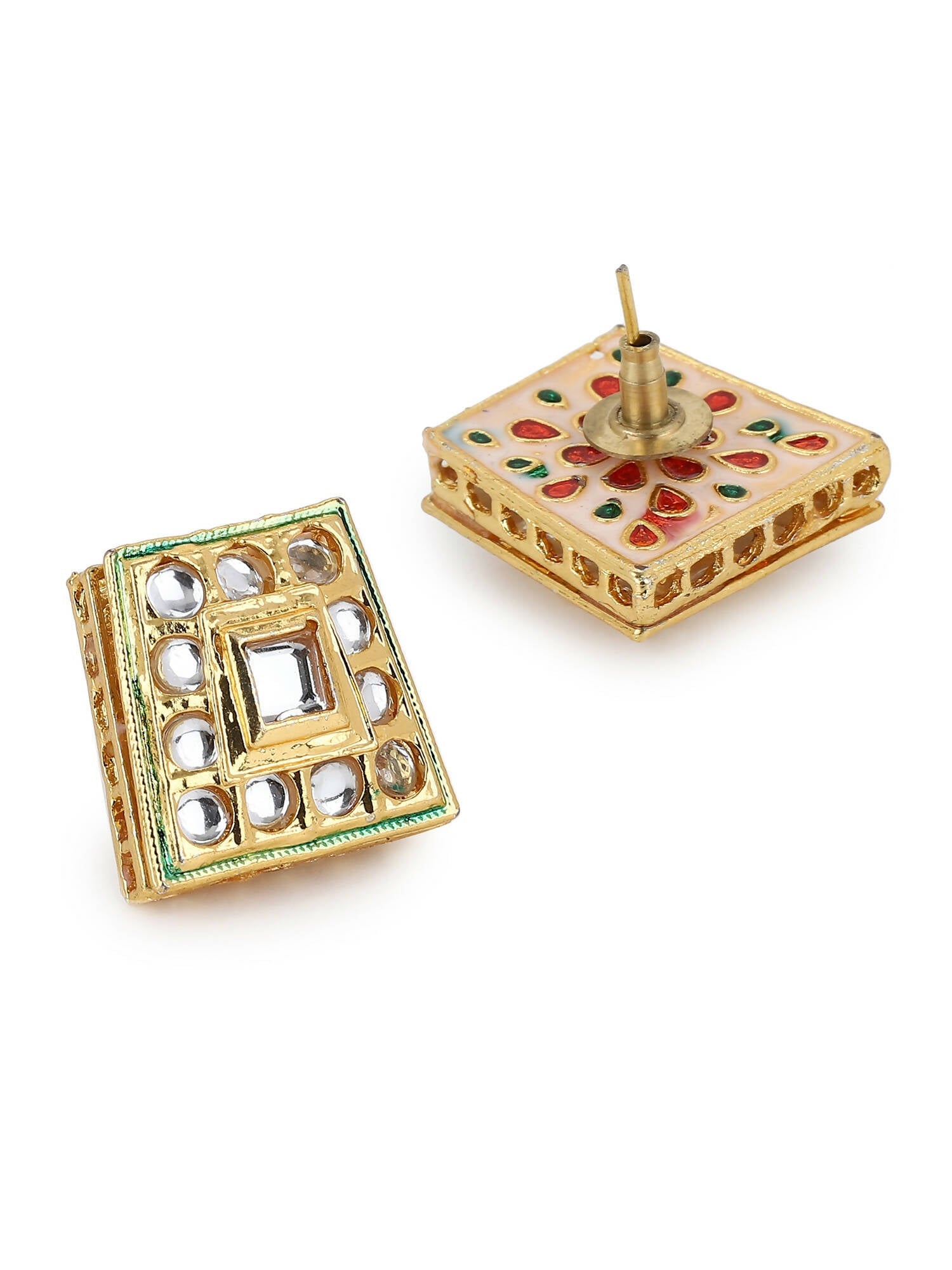 Gold-Toned White Kundan Square Shaped Gold-Polished Studs Earrings - Ruby Raang | Swadesiicart
