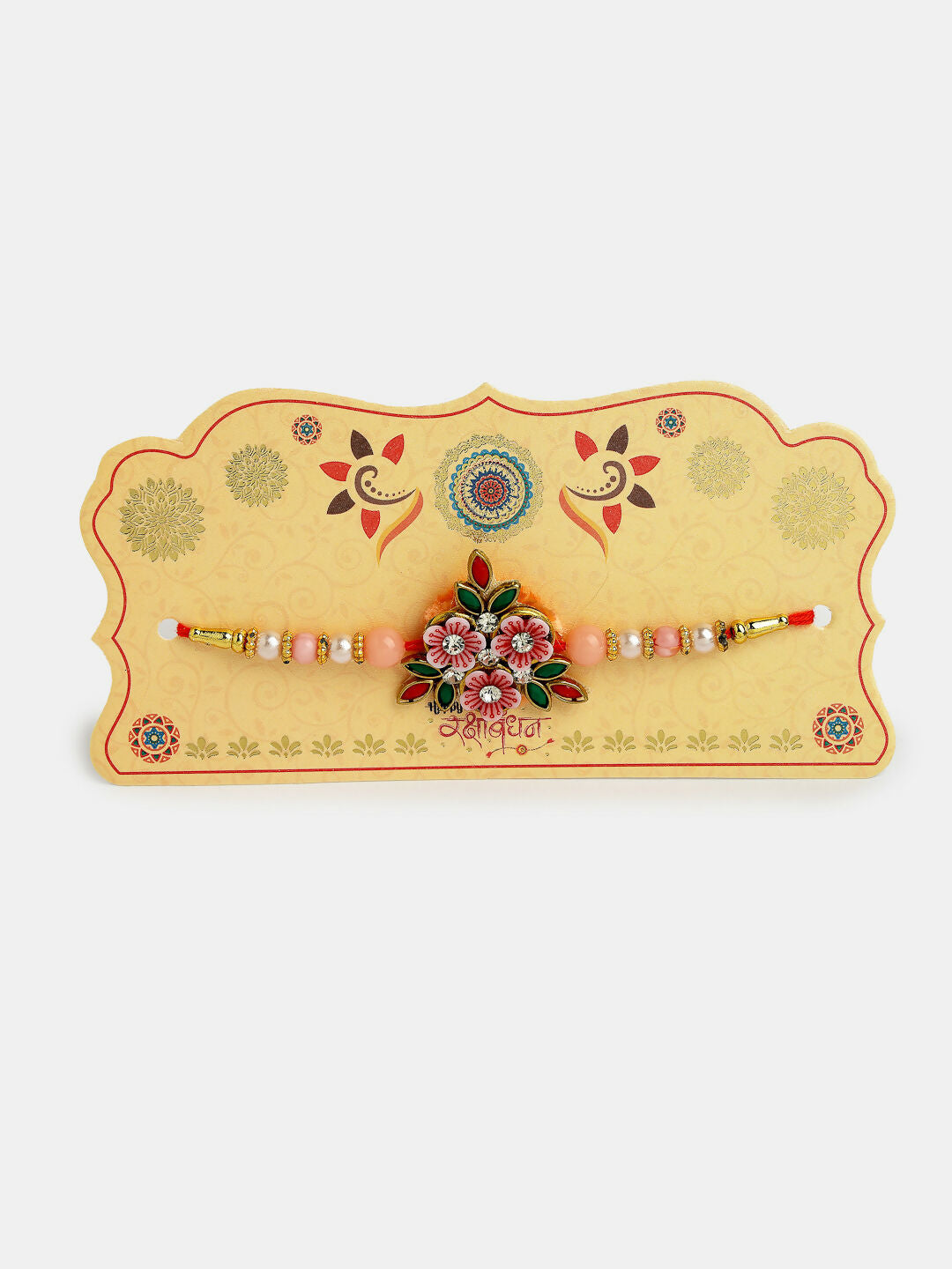 NVR Men Pink Floral Shape Stone-Studdded & Beaded Rakhi With Roli Chawal | Swadesiicart