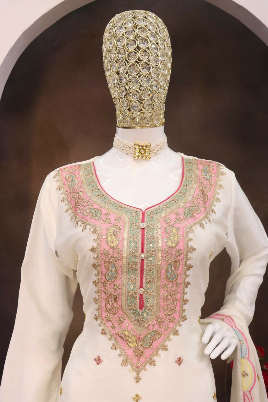 Anaita White Embroidered Silk Stitched Plazo Suit