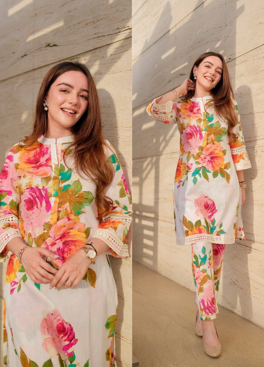 NOZ2TOZ Floral Printed Knee Length Madrian Collar Neck Rayon Co-Ords Set For Women - White - Swadesiicart