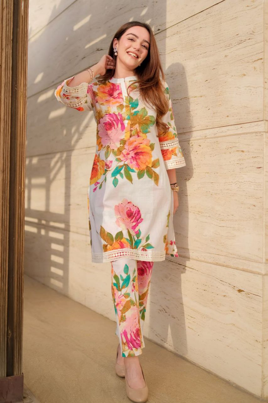 NOZ2TOZ Floral Printed Knee Length Madrian Collar Neck Rayon Co-Ords Set For Women - White - Swadesiicart