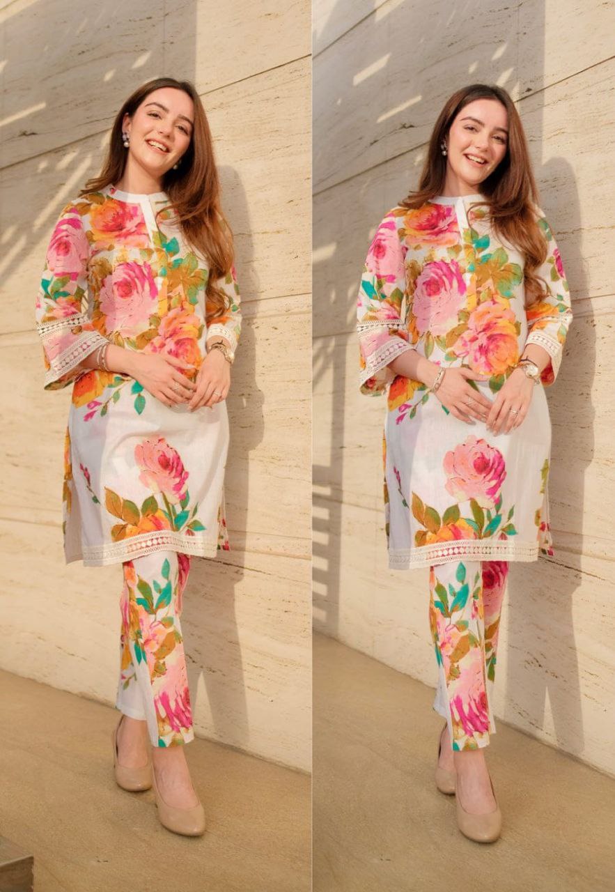 NOZ2TOZ Floral Printed Knee Length Madrian Collar Neck Rayon Co-Ords Set For Women - White - Swadesiicart