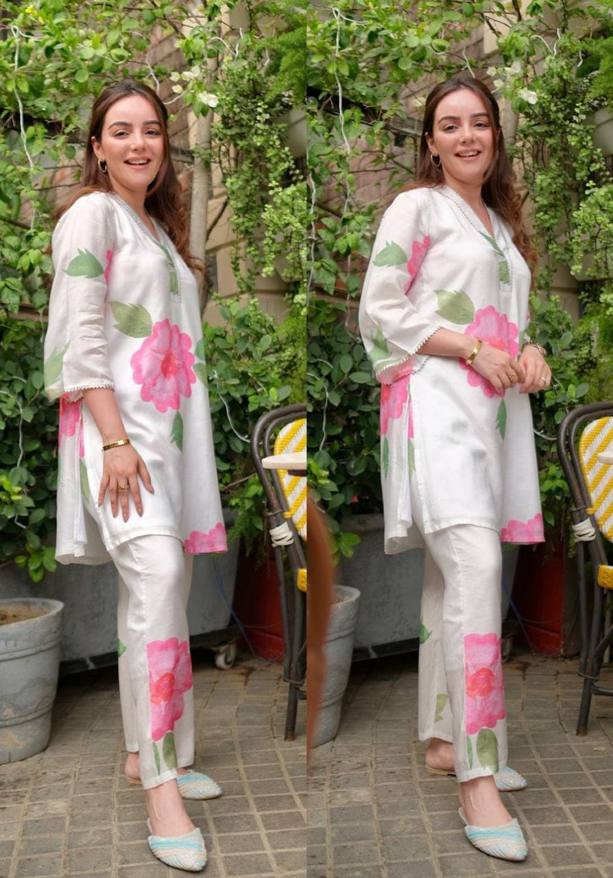 NOZ2TOZ Women V Neck Knee Length 3/4 Sleeves Rayon Floral Printed Co-Ords Set - White - Swadesiicart