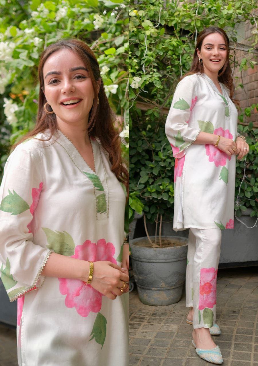 NOZ2TOZ Women V Neck Knee Length 3/4 Sleeves Rayon Floral Printed Co-Ords Set - White - Swadesiicart