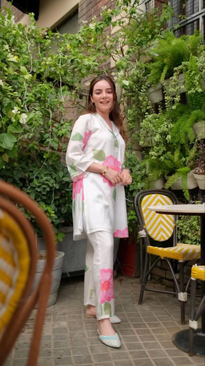 NOZ2TOZ Women V Neck Knee Length 3/4 Sleeves Rayon Floral Printed Co-Ords Set - White - Swadesiicart