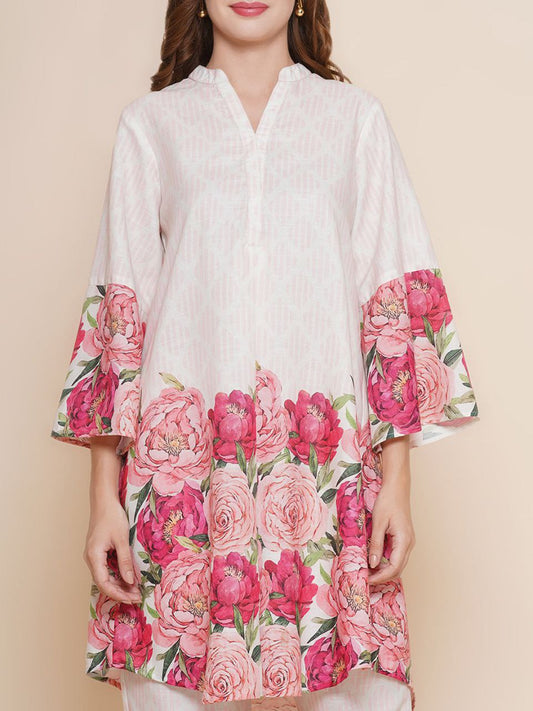 NOZ2TOZ Floral Printed Knee Length V Neck 3/4 Sleeves Co-Ords Set For Women - White - Swadesiicart