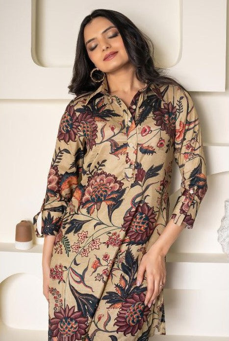 NOZ2TOZ Women Floral Printed Knee Length V Neck Rayon Co-Ords Set - Beige - Swadesiicart