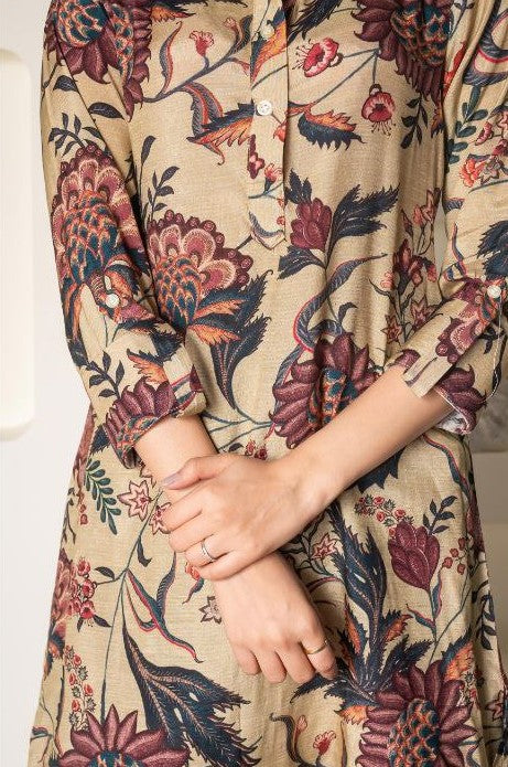 NOZ2TOZ Women Floral Printed Knee Length V Neck Rayon Co-Ords Set - Beige - Swadesiicart