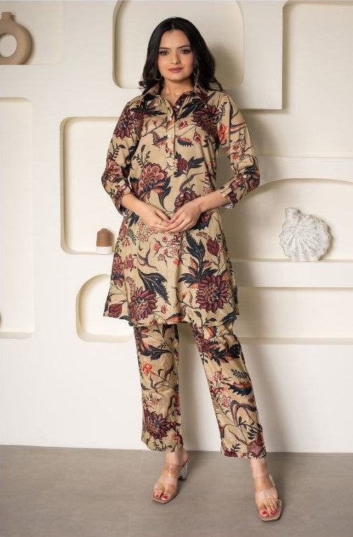 NOZ2TOZ Women Floral Printed Knee Length V Neck Rayon Co-Ords Set - Beige - Swadesiicart