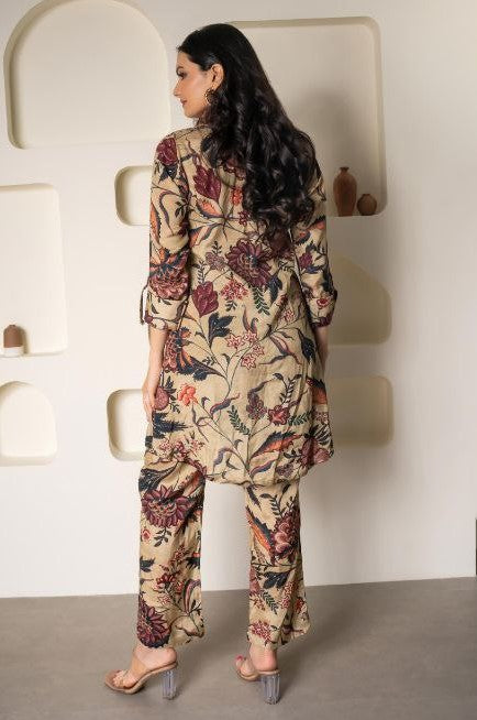 NOZ2TOZ Women Floral Printed Knee Length V Neck Rayon Co-Ords Set - Beige - Swadesiicart