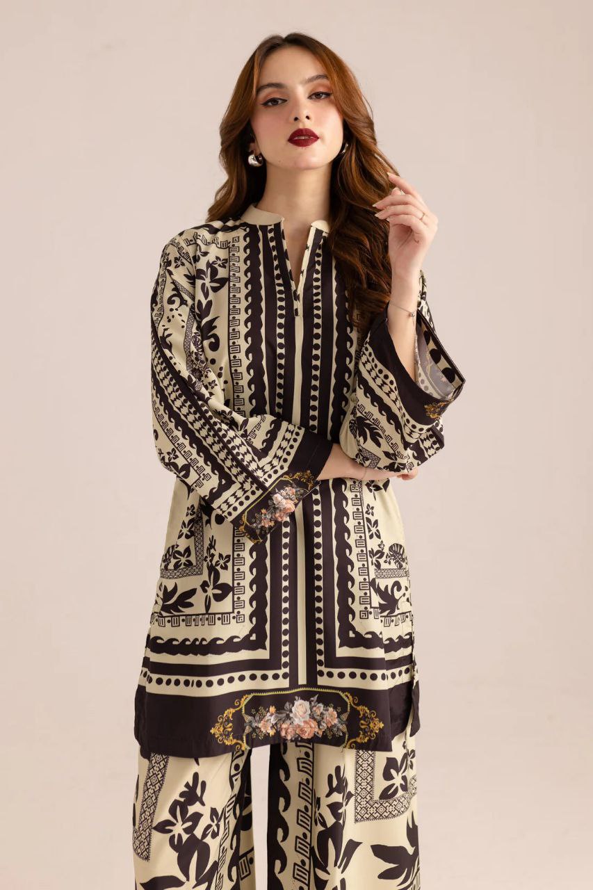 NOZ2TOZ Women Printed Above Knee Length V Neck Co-Ords Set - Black - Swadesiicart