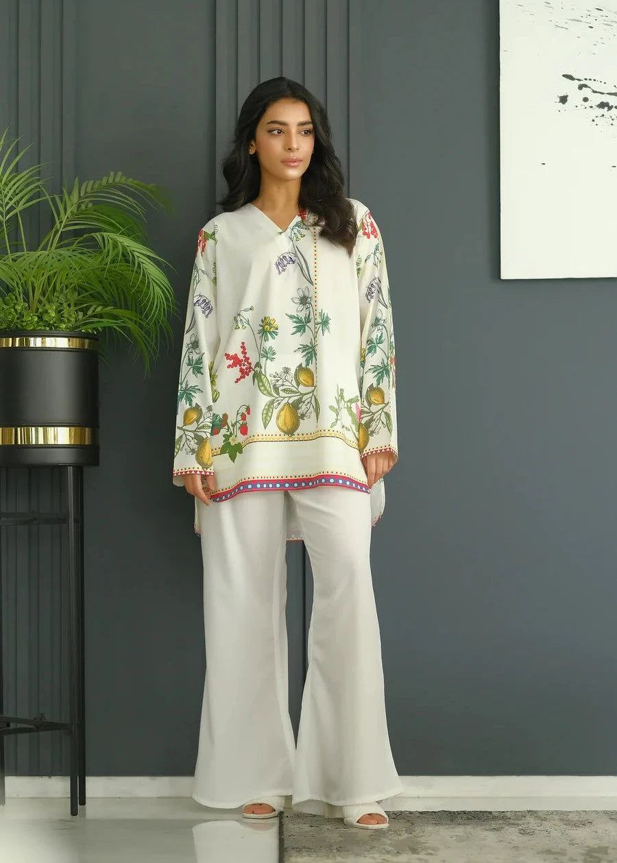 NOZ2TOZ Women's Printed V Neck Long Sleeves Co-Ords Set - White - Swadesiicart