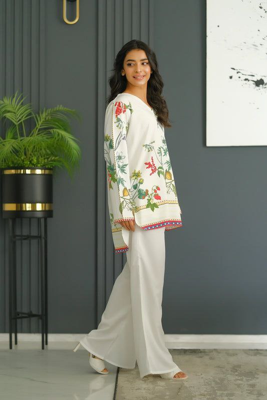 NOZ2TOZ Women's Printed V Neck Long Sleeves Co-Ords Set - White - Swadesiicart