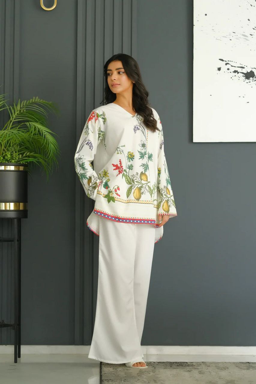 NOZ2TOZ Women's Printed V Neck Long Sleeves Co-Ords Set - White - Swadesiicart