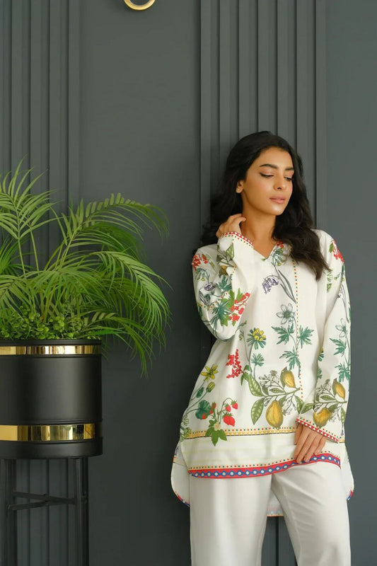 NOZ2TOZ Women's Printed V Neck Long Sleeves Co-Ords Set - White - Swadesiicart