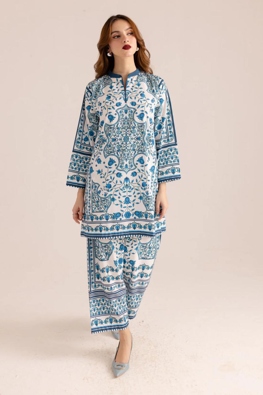 NOZ2TOZ Floral Printed V Neck Long Sleeves Co-Ords Set For Women - Blue - Swadesiicart