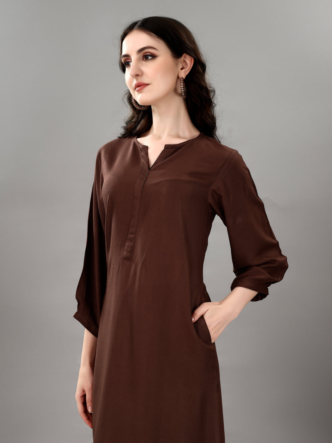 NOZ2TOZ Women's V Neck Knee Length 3/4 Sleeves Solid Rayon Co-Ords Set - Brown - Swadesiicart