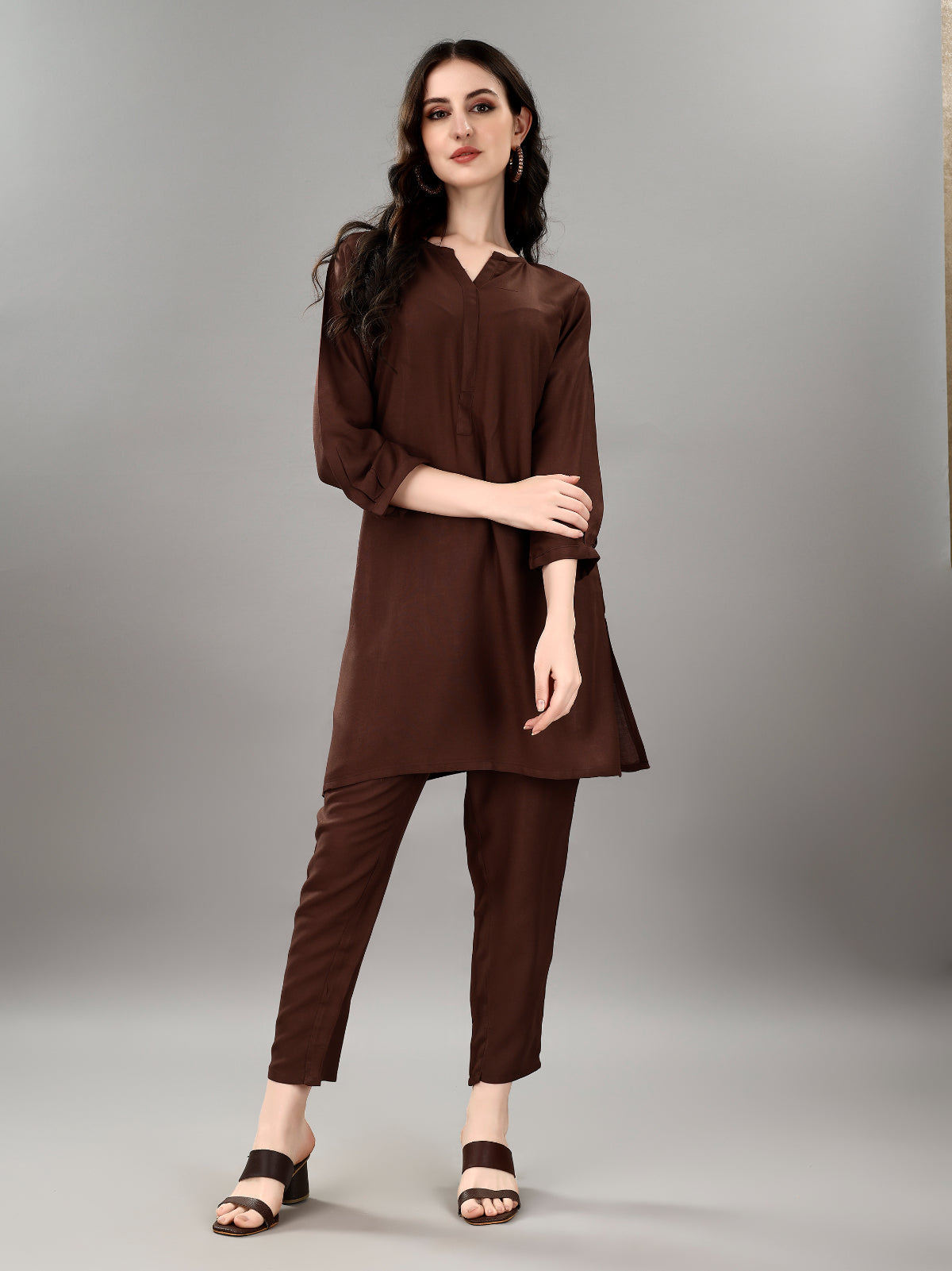 NOZ2TOZ Women's V Neck Knee Length 3/4 Sleeves Solid Rayon Co-Ords Set - Brown - Swadesiicart