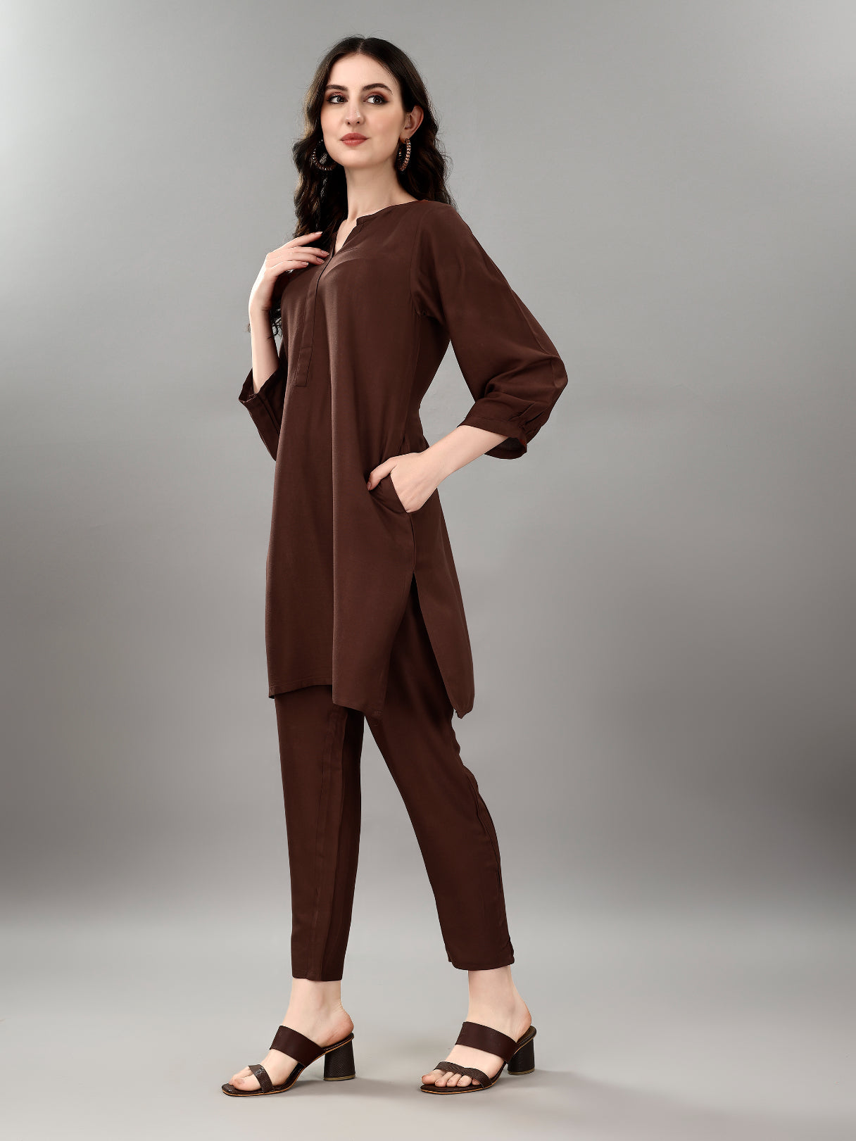 NOZ2TOZ Women's V Neck Knee Length 3/4 Sleeves Solid Rayon Co-Ords Set - Brown - Swadesiicart