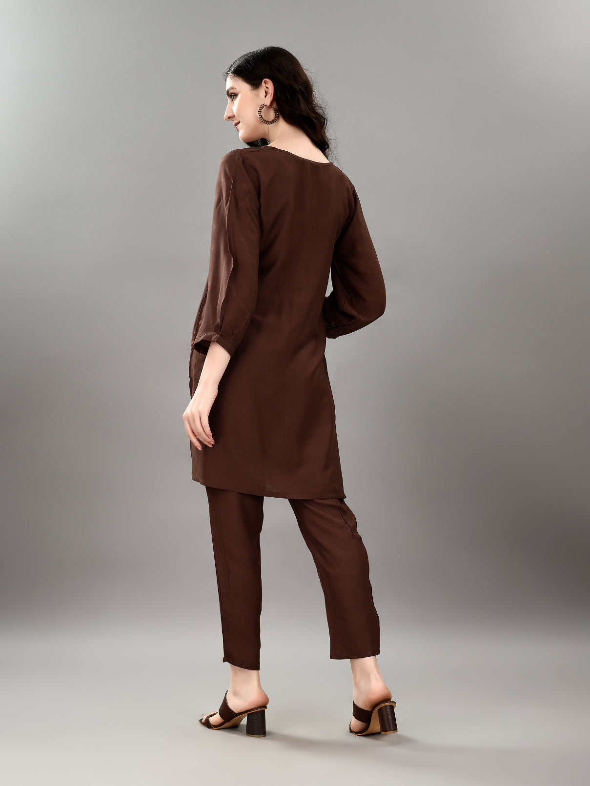 NOZ2TOZ Women's V Neck Knee Length 3/4 Sleeves Solid Rayon Co-Ords Set - Brown - Swadesiicart