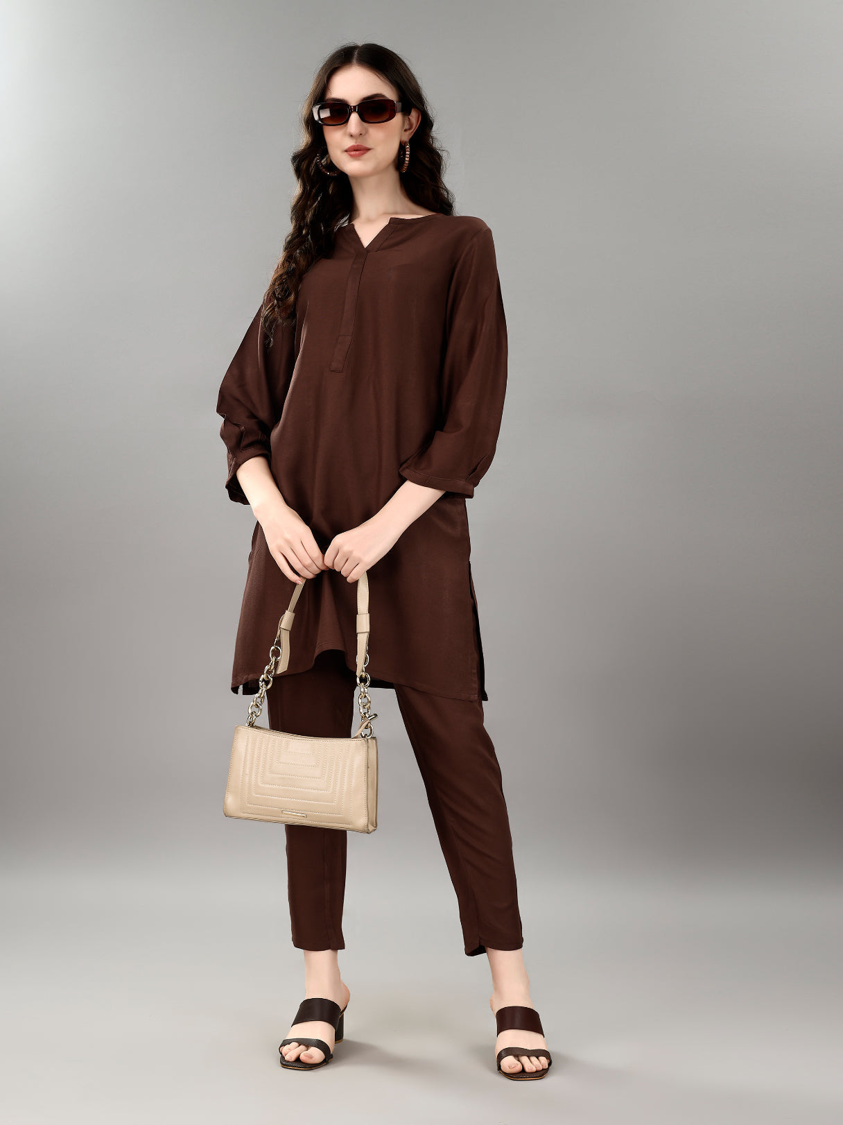 NOZ2TOZ Women's V Neck Knee Length 3/4 Sleeves Solid Rayon Co-Ords Set - Brown - Swadesiicart