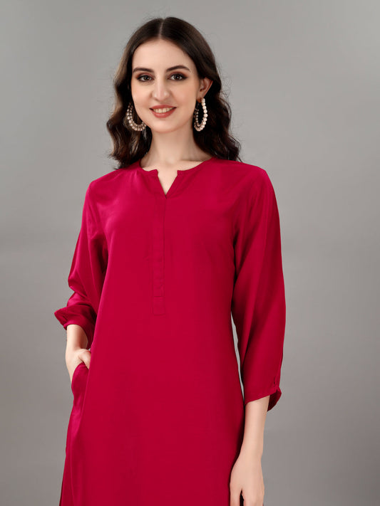 NOZ2TOZ Women's V Neck Knee Length 3/4 Sleeves Solid Rayon Co-Ords Set - Rani - Swadesiicart
