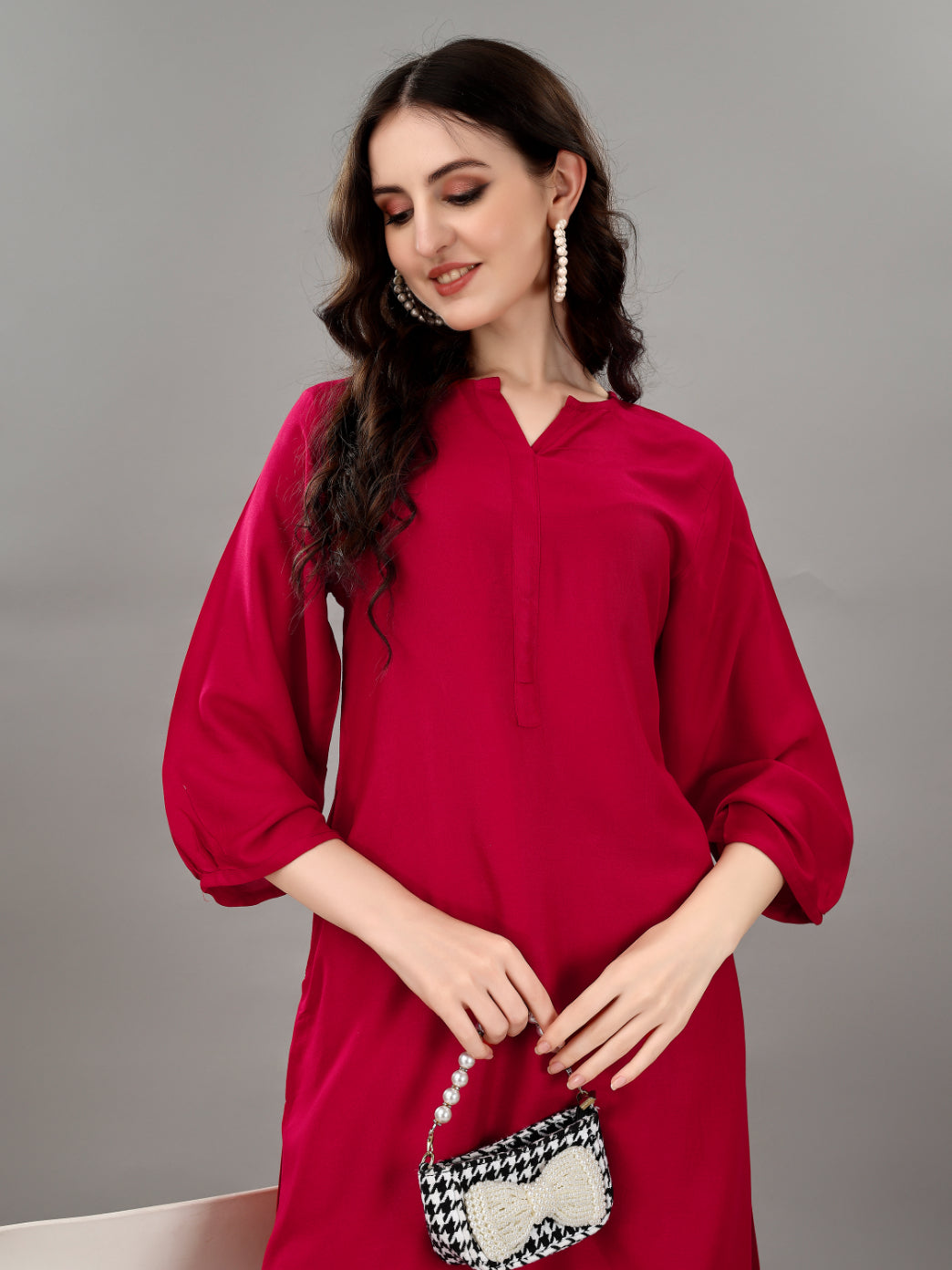 NOZ2TOZ Women's V Neck Knee Length 3/4 Sleeves Solid Rayon Co-Ords Set - Rani - Swadesiicart