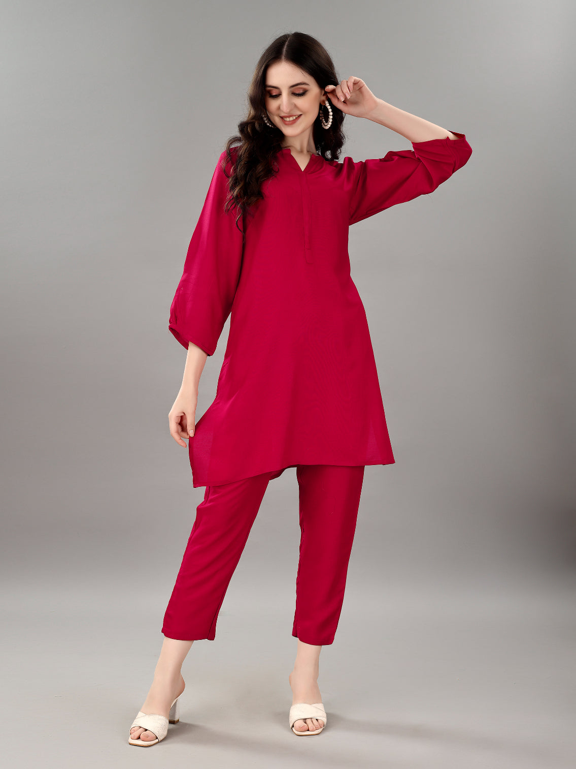 NOZ2TOZ Women's V Neck Knee Length 3/4 Sleeves Solid Rayon Co-Ords Set - Rani - Swadesiicart