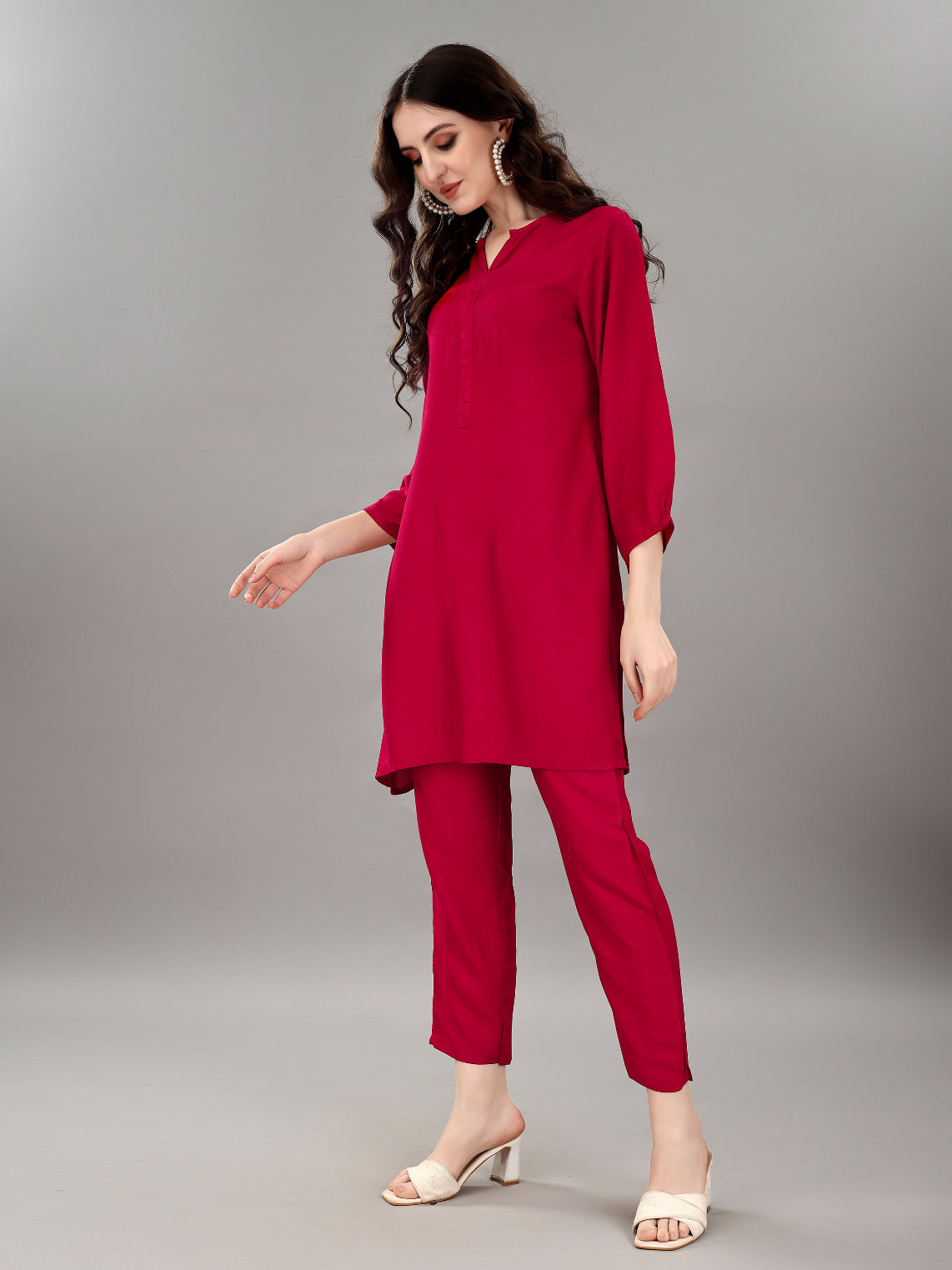NOZ2TOZ Women's V Neck Knee Length 3/4 Sleeves Solid Rayon Co-Ords Set - Rani - Swadesiicart