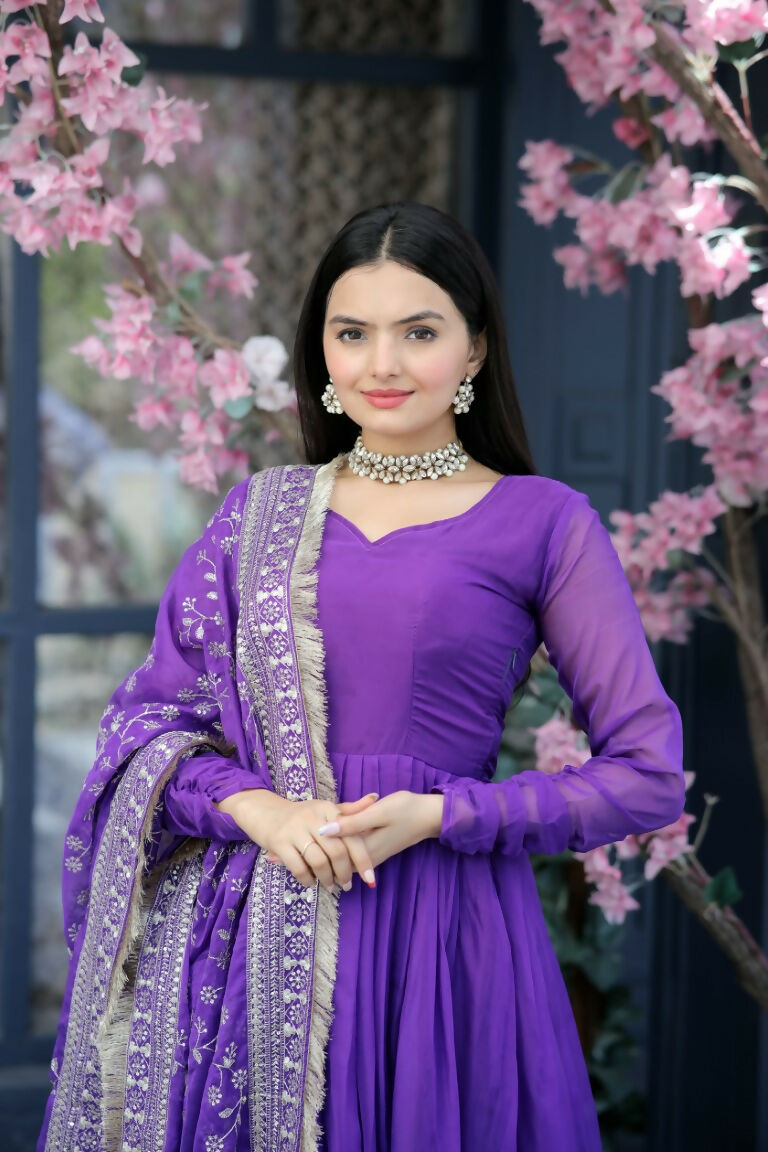 Jyoti Fashion Women's Purple Tabby Silk Designer Kurta with Trouser & Dupatta | Swadesiicart