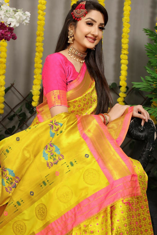 Jyoti Fashion Women's Yellow Banarasi Silk Zari Woven Saree with Blouse | Swadesiicart