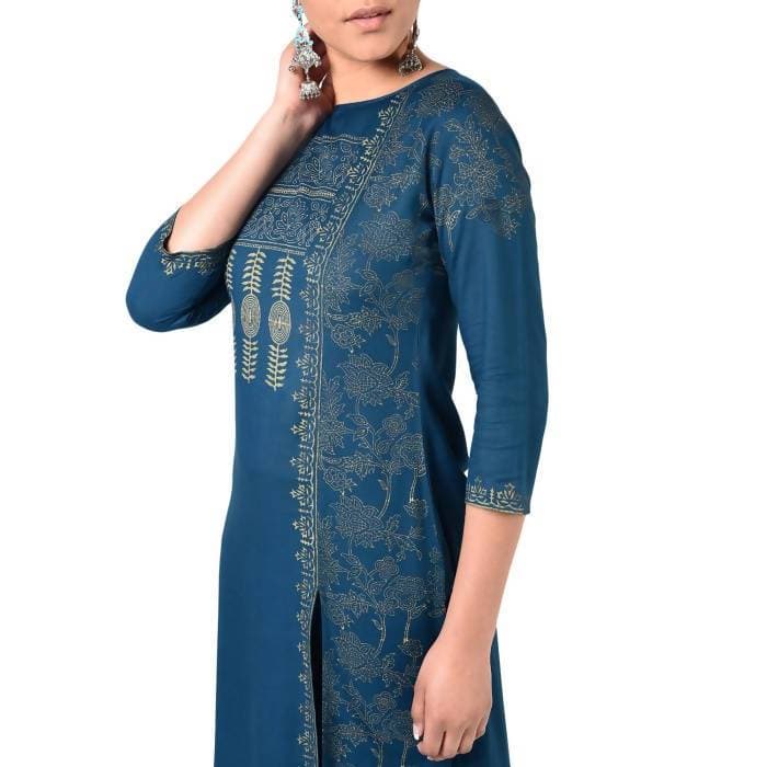 Aniyah Rayon Block Print Front Slit Straight Kurta With Palazzo Set In Blue (AN-166K) | Swadesiicart