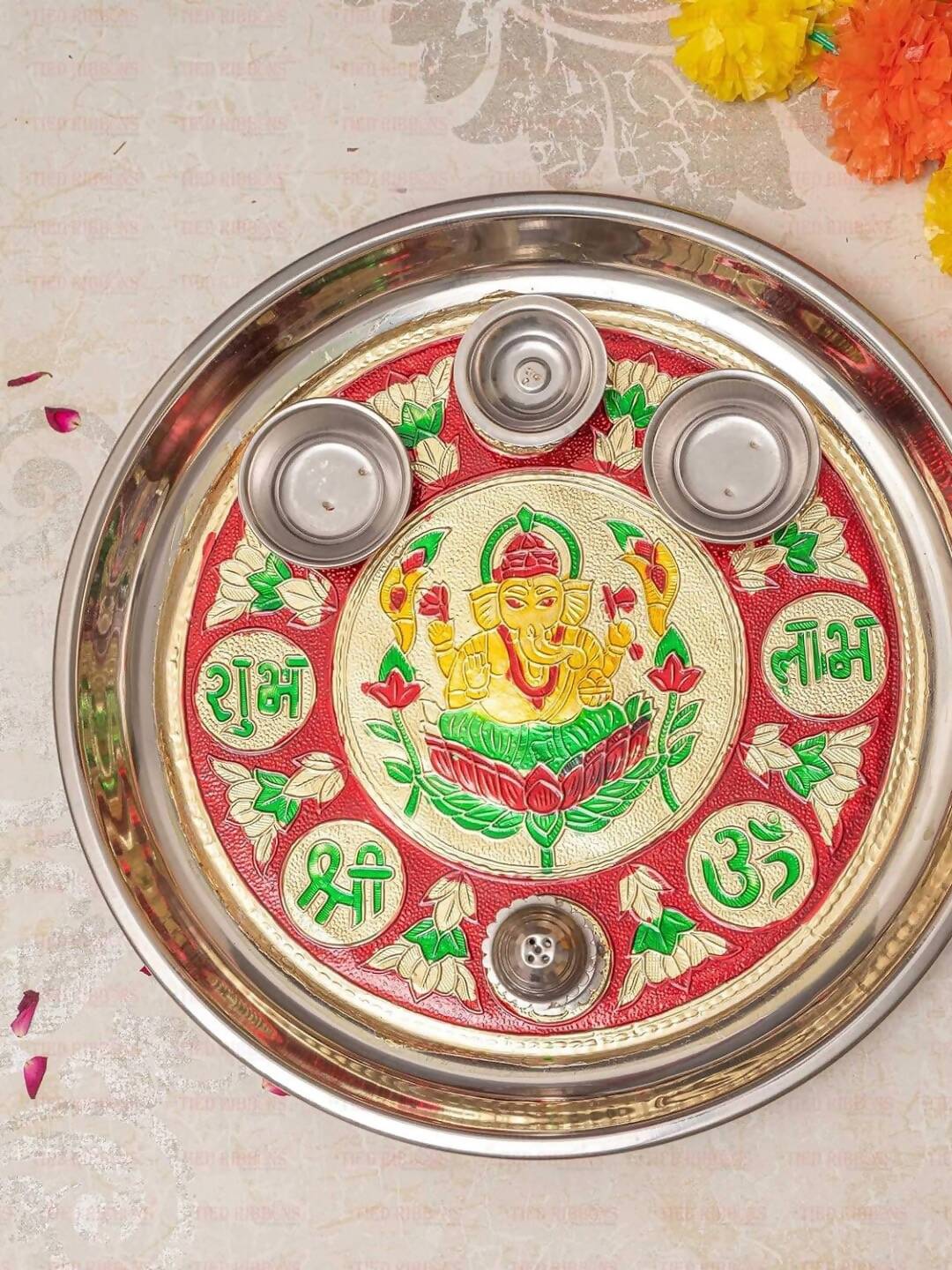 Tied Ribbons Red & Green Printed Pooja Thali With Attached Incense Diya Tilak Holder | Swadesiicart
