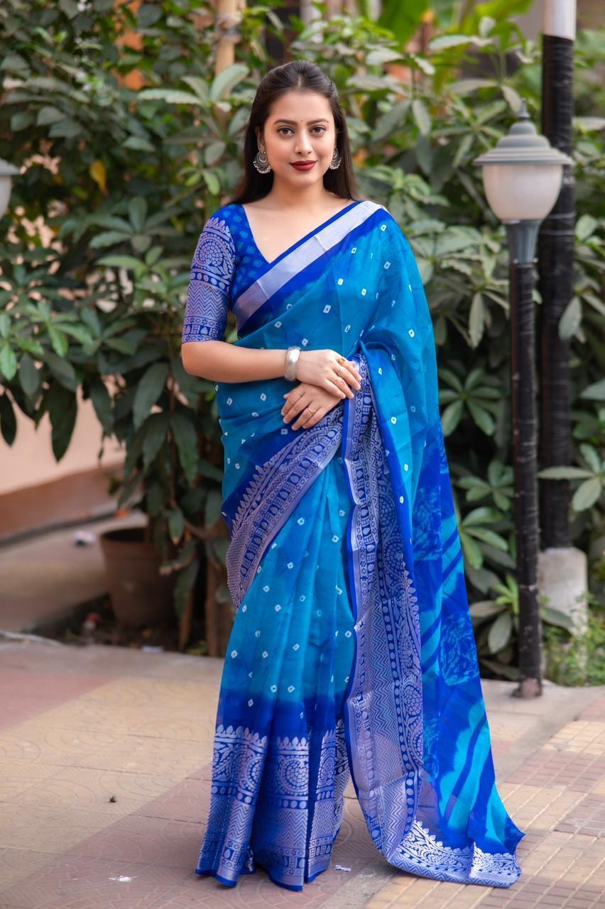 Blue Jute Silk Ethnic Motifs Saree with Unstitched Blouse - Hiral Fashion | Swadesiicart