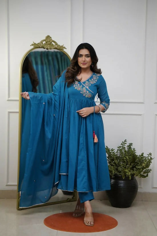 The52 Petrol Women's Beautiful Parampara Fabric Embroidered Work Flared Kurta Pant and Dupatta Set - Swadesiicart