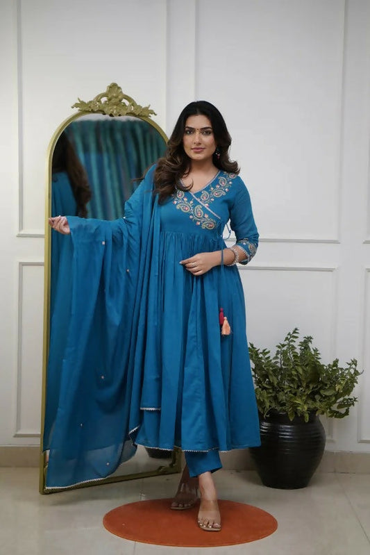 The52 Petrol Women's Beautiful Parampara Fabric Embroidered Work Flared Kurta Pant and Dupatta Set - Swadesiicart