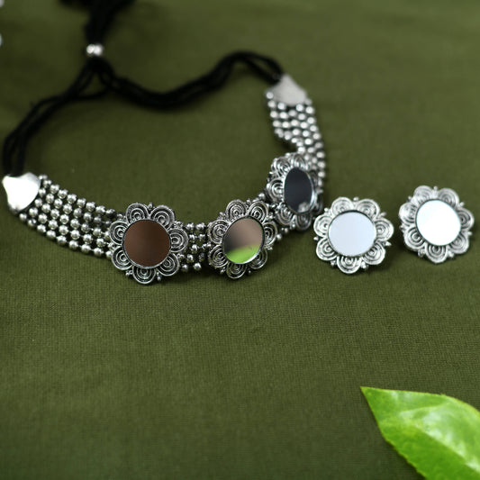 Mominos Fashion Johar Kamal Oxidised Silver-Plated Mirror Design Necklace Choker Set For Women | Swadesiicart