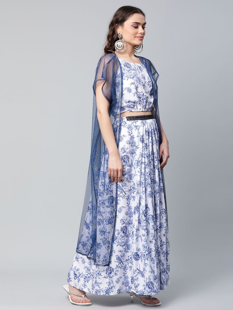 Ahalyaa Women Blue Crepe Printed Top with Skirt with Net Overlay | Swadesiicart