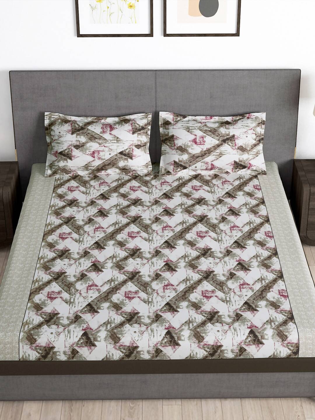 Story@home Brown & Pink Abstract Microfiber 180 TC Bedsheet With Pillow Cover - Swadesiicart