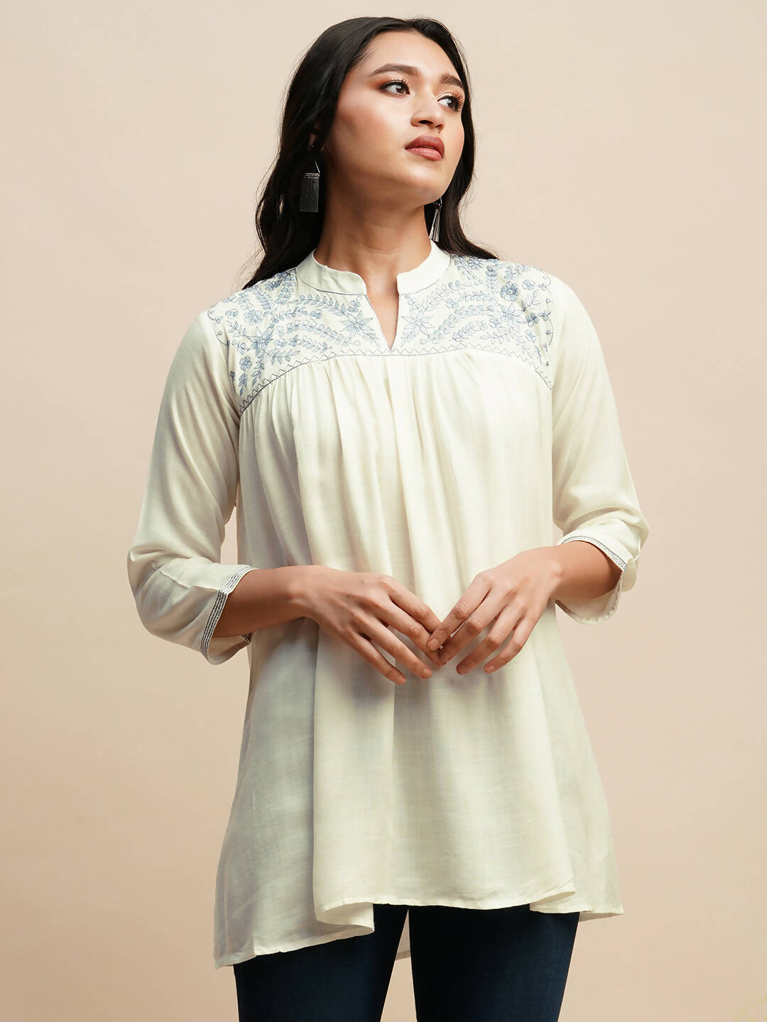 White Rayon Embroidered Top - Tarini - Swadesiicart