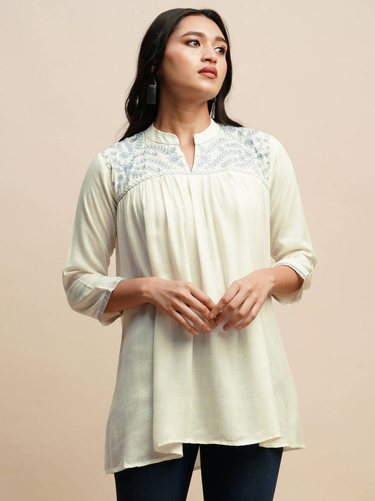 White Rayon Embroidered Top - Tarini - Swadesiicart