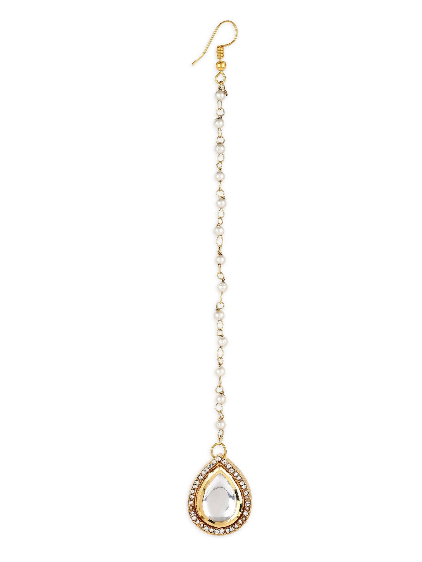 Gold-Polished White Kundan-Studded Pearl Beaded Maang Tikka - Ruby Raang | Swadesiicart