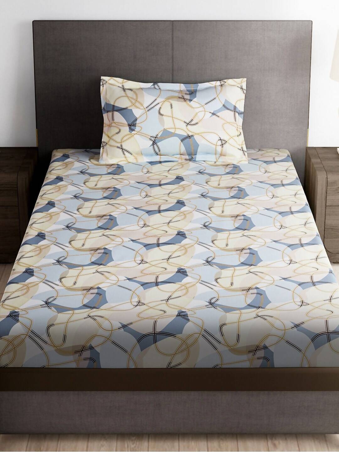 Story@home Arena Cream-Coloured & Grey Printed 180 TC Bedsheet & Pillow Covers - Swadesiicart