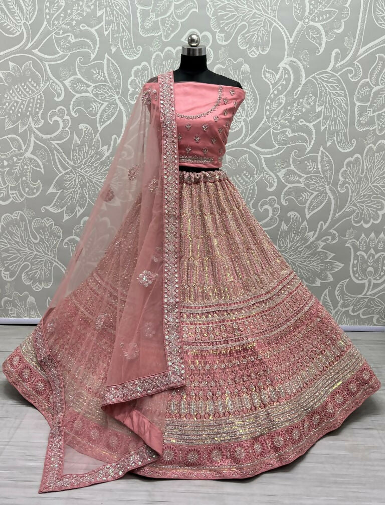 Jyoti Fashion Women's Pink Heavy Net Fancy Dori, Multi Thread, Rainbow Sequins and Diamond Work Wedding Lehenga Choli | Swadesiicart