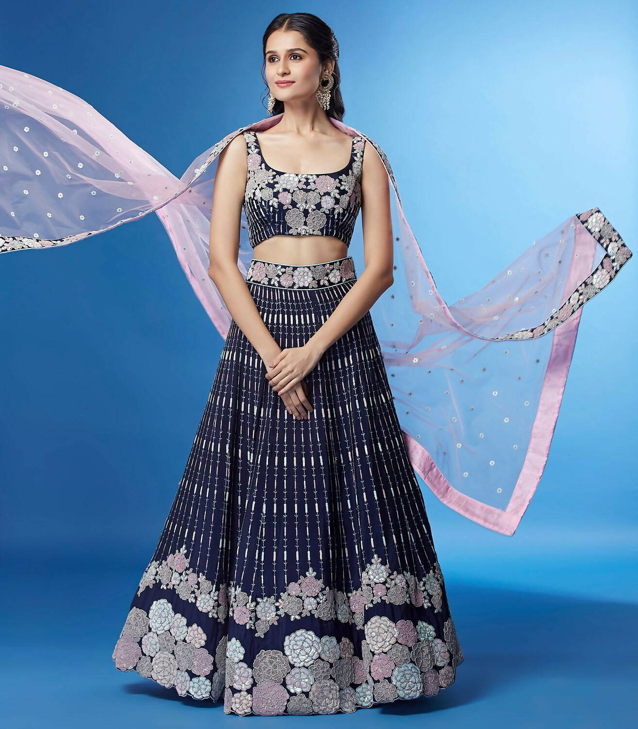 House of Panchhi Navy Blue Color Georgette Multi-Sequins Work Lehenga | Swadesiicart