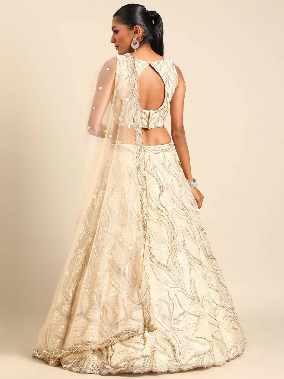 House of Panchhi Cream Net Sequins and Zarkan embroidery Lehenga choli & Dupatta | Swadesiicart