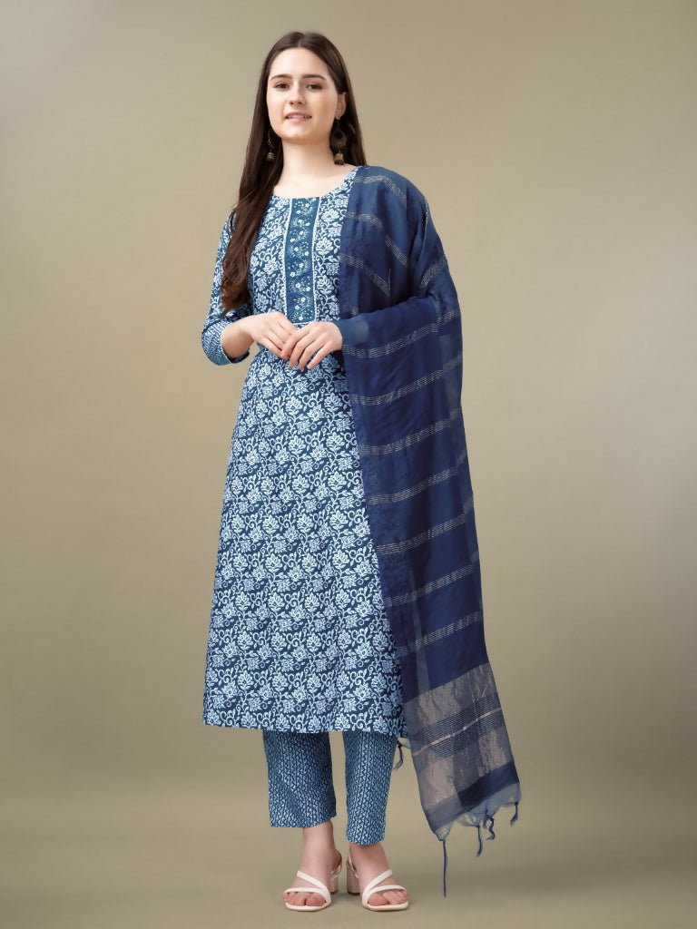Jyoti Fashion Women's Light Blue Rayon Embroidery & Sequence work Kurta with Trouser & Dupatta | Swadesiicart